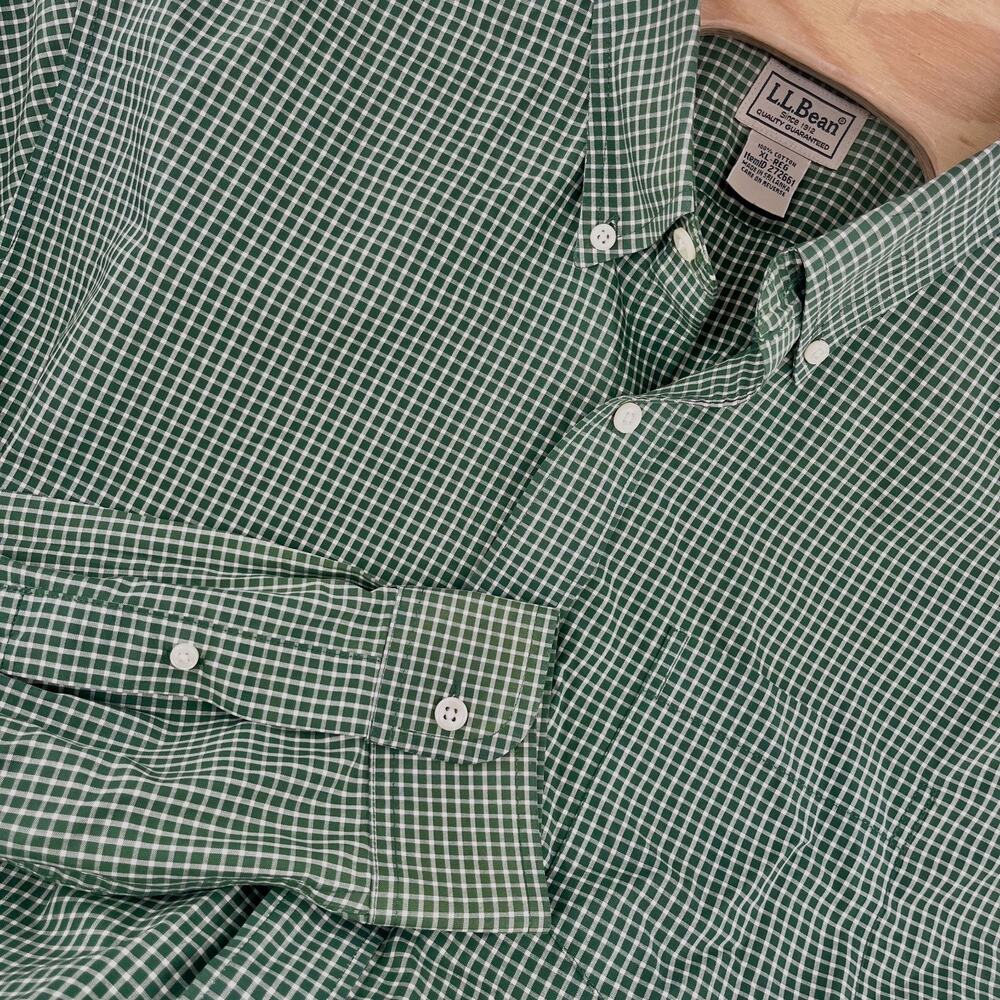 LL Bean Wrinkle Free Kennebunk Sport Shirt XL Green Gingham Check Long Sleeve
